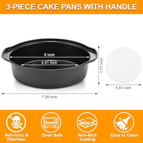 6 Inch Cake Pan - 3PCS Carbon Steel Round Cake Pans with 100 Pieces Parchment Paper, Non-stick & Easy Demolding, Non-toxic & Healthy