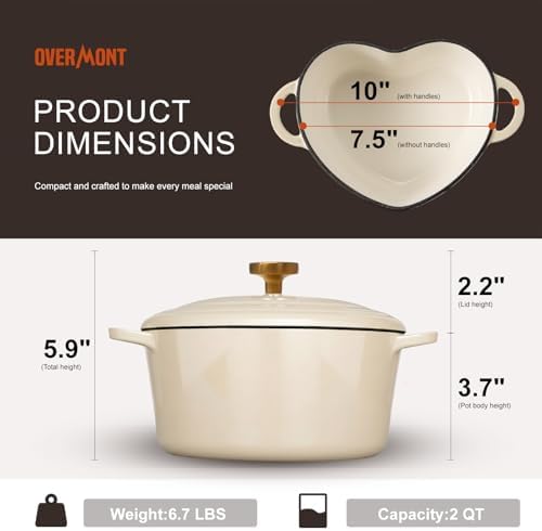 Overmont Enameled Cast Iron Dutch Oven - 2QT Heart-Shaped Mini Pot with Lid
