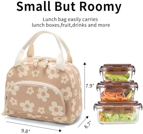 Lunch Bag Women Lunch Box for Women Adult Cute Insulated Lunch Bag Small Cooler Lunch Tote Bags for Work Picnic Travel (Brown-Flower)