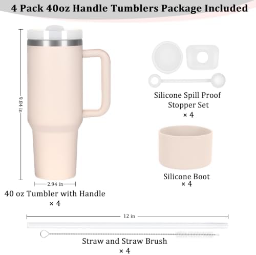 4 Pack 40 Oz Tumbler with Handle Bulk, Double Wall Vacuum Insulated Stainless Steel Tumbler with Lid and Straw, 40 oz cup with Silicone Spill Proof Stopper Set (Rose Quartz)