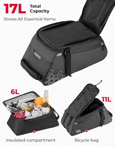 KEMIMOTO 11L Bike Rear Rack Bag, with 6L Removable Cooler Pouch