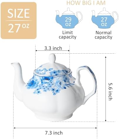 27oz Porcelain Blue Rose Teapot, Classic Gift for Tea