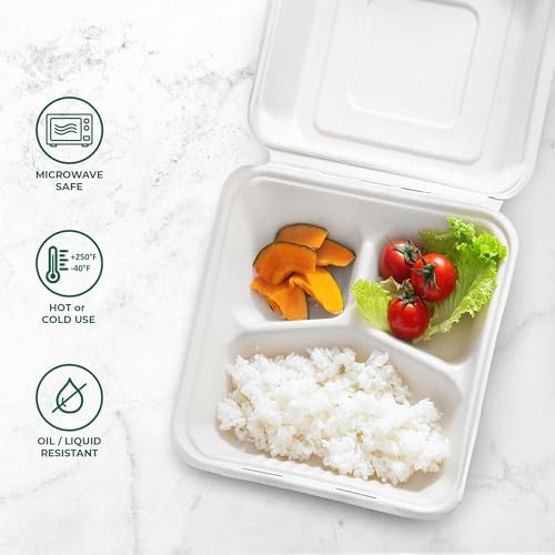 Freshware Clamshell Food Containers with Lids [9x9"] 3-Compartment 100-Pack, Disposable To Go Containers, Biodegradable Sugarcane To Go Boxes - Paper Container - Microwave & Freezer Safe, Stackable