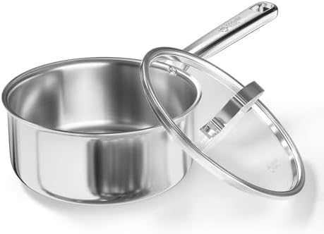 Cooker King 1.5QT Stainless Steel Saucepan with Tempered Glass Lid, Metal Utensils Safe, No Coating (PFAS/PFOA/PTFE Free), Dishwasher-Friendly, Oven-Safe Up to 900°F, Induction Ready