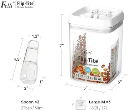 Felli Flip Tite Storage Container with Built-In Spoon & Airtight Lid 5” Large-M Ring Flip Top, Stackable Acrylic Canister for Sugar Flour Powder, Kitchen Pantry Organizer (1.8qt), 2 spoons