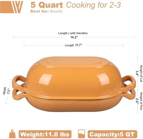 VORRINGARD Enameled Cast Iron Sourdough Bread Oven, Dutch Oven, Loaf Cast Iron Bread Pan for Homemade Bread Baking, Meatloaf Pan with Lid, 5QT, Yellow