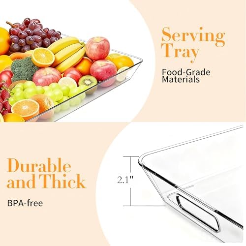Clear Plastic Serving Tray with Handles, BPA-Free Storage Organizer Tray - Large Serving Trays 20.5"x14" Reusable Serving Platters for Appetizer, Fruit, Kitchen, Desk & Serving Tray for Party Supplies
