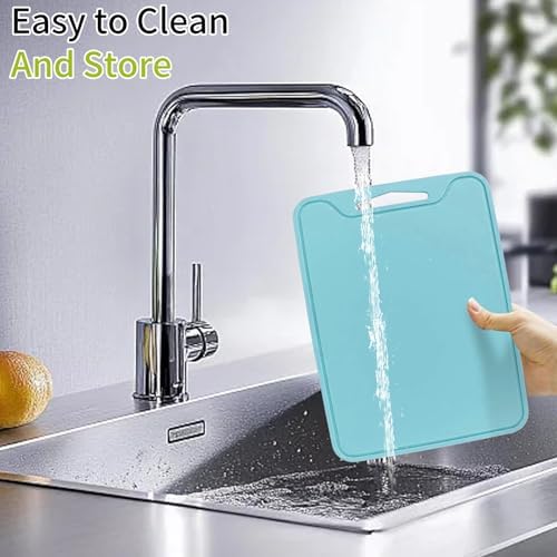Flexible Plastic Cutting Boards for Kitchen, 11.8''x 8.6'' Silicone Cutting Board, BPA Free Non Slip Cutting Mat for Meat, Vegetables and Fruit with Easy Grip Handle, Dishwasher Safe (Blue)