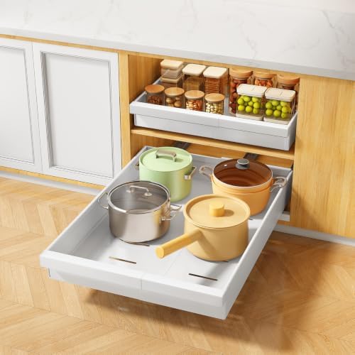 PXRACK Pull out Cabinet Organizer, 2-Pack Expandable(9"-14.2") Silde out Drawers with Raising Pad for Framed Cabinets, Adjustable Full-Extension for Kitchen Pantry Home Pot and Pan, White