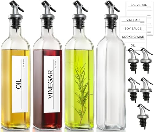gmisun Olive Oil Dispenser Bottle for Kitchen, 4 Pack 17 Fl Oz Glass Oil Dispensers Bottles, Clear Cooking Vegetable Oil Dispenser Container Cruet Set with Plastic Pourer Spout, Funnel and Labels