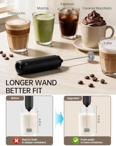 CIRCLE JOY Upgraded Rechargeable Milk Frother Handheld, Electric Drink Mixer with Silicone Charging Port Cover and Longer Dual Coil Whisk Head, Dishwasher Safe, for Lattes & More