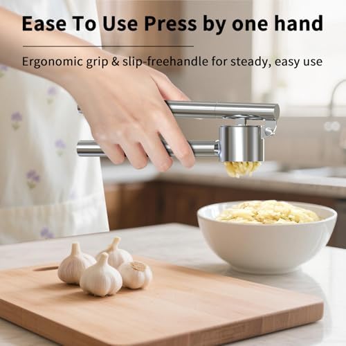 5-in-1 Stainless Steel Garlic Press Set with Large Chamber & Mincer - Heavy Duty Rustproof Garlic Crusher with Ergonomic Handle, Dishwasher Safe, Easy Squeeze Design for Ginger, Nuts, Herbs (Large)