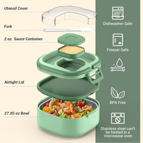 PEDECO Luch Box Set Stackable Stainless Steel Bento Box with Insulated bag,Leak-Proof,1-Tier Bento box,Lunch Box With Portabl Sauce Pod and Cutlery-for Kids/Toddler,Dishwasher Safe,Green