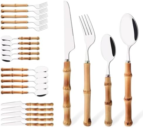 Bamboo Handle Silverware Set, 24-Piece Flatware Set for 6, Stainless Steel Cutlery Eating Utensils Include Forks Spoons and Knives for Daily Use and Party, Reusable and Modern Design