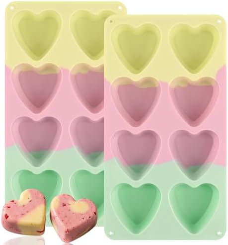 Sakolla 2 Pack 2.7″ Heart Cake Molds, 8 Cavity Silicone Baking Molds for Cake, Muffin, Egg Bites, Cupcake, Bread, Mousse (Green,Yellow,Pink)