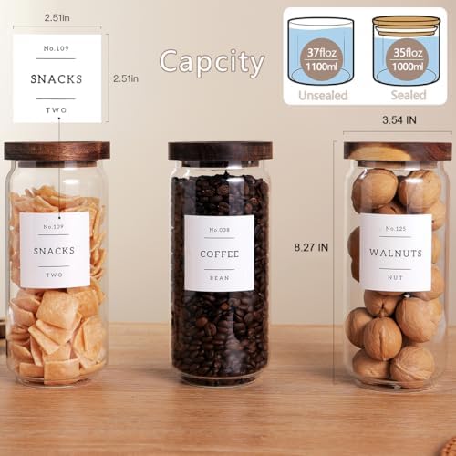 CZZGSM 3 Set Glass Pantry Storage Jars with Acacia Airtight Lid - 35oz Thicken Glass Kitchen Canisters with 132 Pantry Labels - Clear Food Storage Containers with Wood Lid for Tea,Sugar,Cookie,Pasta