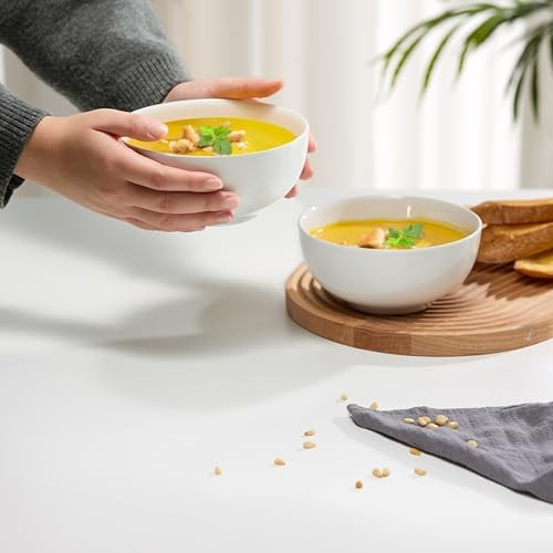 KooK Ceramic Cereal Bowls, Microwave, Dishwasher and Freezer Safe, Porcelain Dishes for Soup, Pasta, Salad, Oatmeal, Deep Interior, 24 oz, Marshmallow White (4)