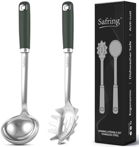 Safring Stainless Steel Soup Ladle and Spaghetti Spoon Set, Heat Resistant Rubber Handle, Dishwasher Safe, Kitchen Utensils for Cooking, Stirring, Serving Pasta, Soup & Sauce (Hunter Green)