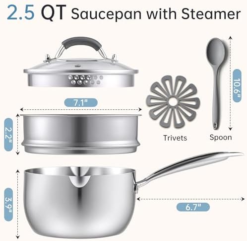 Tri-Ply Stainless Steel Sauce Pan, 2.5 Qt Saucepan with Steamer