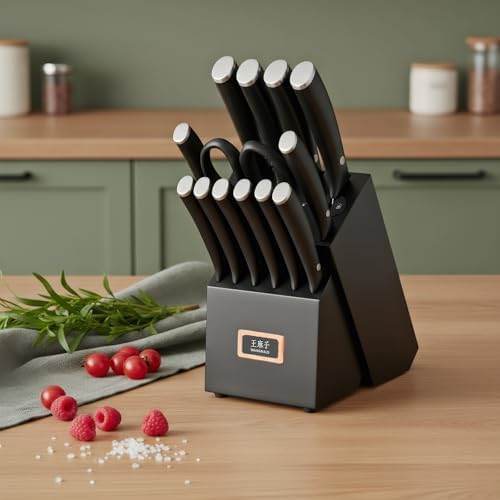 WANGMAZI 15-Pcs Knife Block Set, High Carbon Steel Ultra Sharp, Black