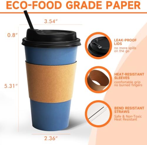 METAPRINT 100 Pack 16 oz Disposable Coffee Cups with Lids and Sleeves