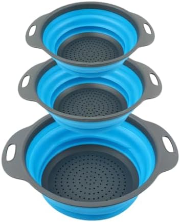Collapsible Colander Set, 3 Pack Silicone Kitchen Strainer Set, Space Saving Design, Small Round Colander Baskets for Draining Pasta, Vegetable and fruit, (2Qt+3Qt+5Qt)