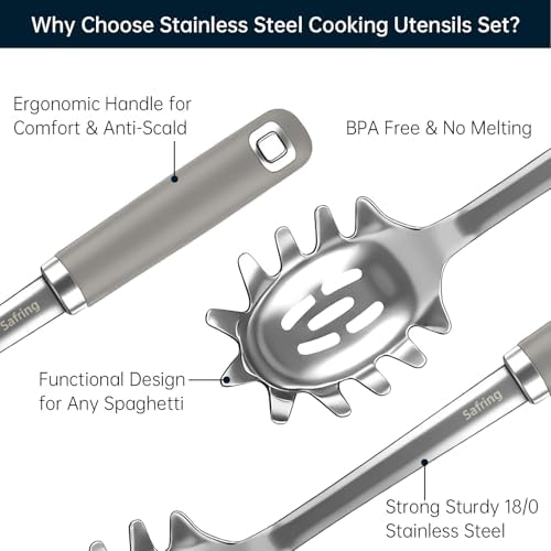 Safring Stainless Steel Soup Ladle and Spaghetti Spoon Set, Heat Resistant Rubber Handle, Dishwasher Safe, Kitchen Utensils for Cooking, Stirring, Serving Pasta, Soup & Sauce (Gray)