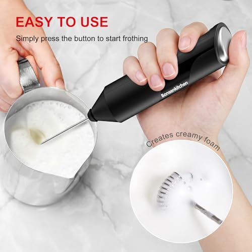 Bonsenkitchen Powerful Milk Frother for Coffee, Fast Handheld Drink Mixer with Stainless Steel Whisk, Battery Operated Hand Frother Stirrer Wand-Black (Pack of 3)