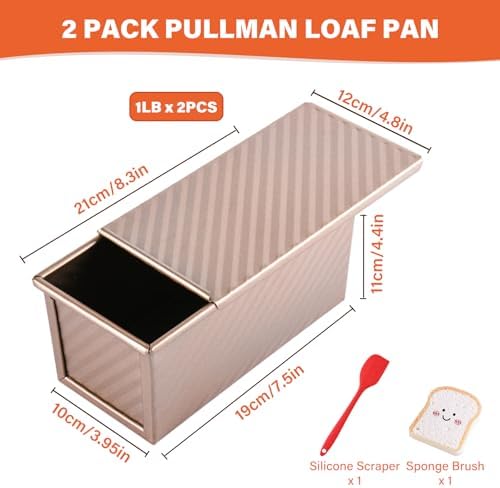 Pullman Loaf Pan with Lid, 2 Pack 1 lb Dough Capacity for Homemade Bread, Non-stick Corrugated Carbon Steel Bread Toast Box with Cover for Bakeware, Sandwich & Toast Oven Baking, Gold