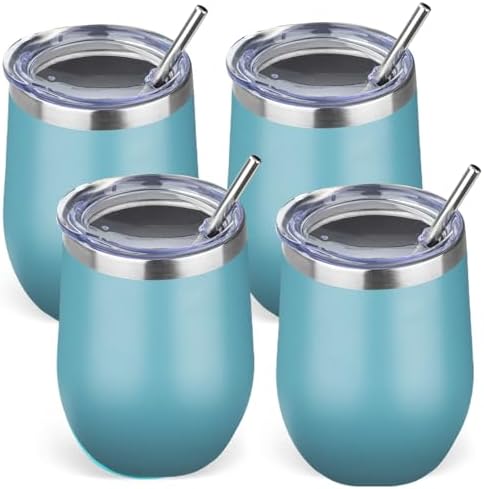 12oz/4 Pack Stainless Steel Wine Tumbler with Lid and Straw, Double Wall Vacuum Insulated Wine Tumbler Glasses, Stemless Travel Mugs for Hot and Cold Drinks, Coffee, Wine, Cocktails (Maya Blue)