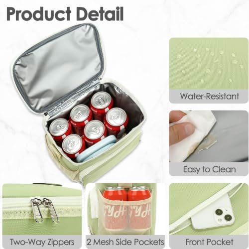 FlowFly Insulated Reusable Lunch Bag Adult Large Lunch Box for Women and Men with Adjustable Shoulder Strap,Front Zipper Pocket and Dual Large Mesh Side Pockets,Light Matcha