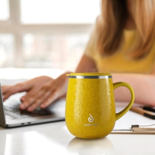 Ideus 16 oz Insulated Coffee Mug with Lid and Handle (Leopard Yellow)