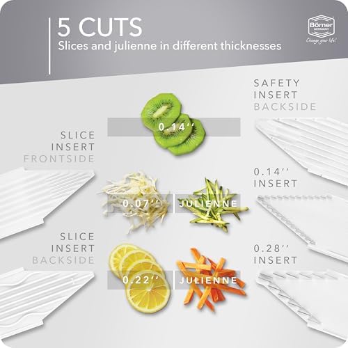 Börner by Reston Lloyd Mandoline Slicer V1 (Starter Set) • V-Slicer with 5 Thickness Settings & Food Holder • Adjustable Kitchen Slicer for Vegetables & Fruits • Color: White