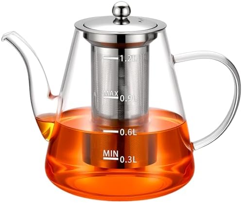 PARACITY 44oz Glass Teapot with Infuser, Stovetop Tea Pot with Scale, Clear
