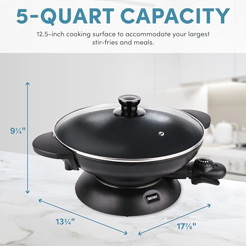 Aroma Housewares AEW-306 Electric Wok with Tempered Glass Lid Easy Clean Nonstick, Cooking Chopsticks, Tempura and Steaming Racks, Professional Model, Black