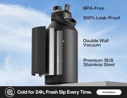 POWCAN 64 oz Insulated Water Bottle with 2-in-1 Straw and Spout Lid, Keep Cold 24H, Leak-Proof, BPA-Free, Double Wall Stainless Steel Water Bottle for Sports, Gym, Travel, and School (Dark Knight)