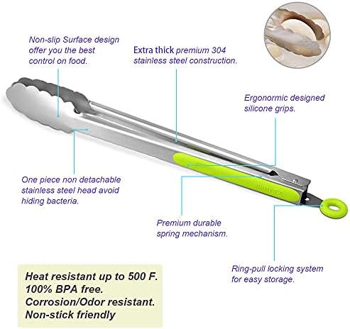 304 Stainless Steel Kitchen Cooking Tongs, 14 & 16 Inch, Set of 2, Green