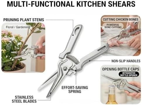 Heavy Duty Poultry Bone Shears,Spring Loaded Kitchen Shears,Stainless Steel丨Safety Lock丨Dishwasher Safe, All Purpose Kitchen Scissors for Chicken, Meat Cutting, Turkey ，Purple