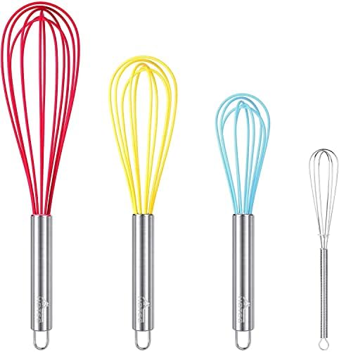 HOTEC 4 Pieces Silicone Whisks Set, Wire Balloon Whisks Egg Beater, Non-slip Handle Whisk for Non-stick Cookware Perfect for Cooking, Stirring, Beating and Blending (Multicolor)