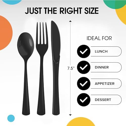 Party Solids Black Plastic Silverware 150 Pcs Black Cutlery Set