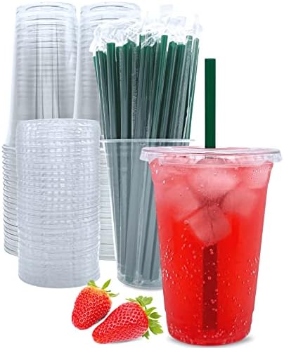 Aatriet 20 oz Clear Plastic Cups with Lids and Straws, Disposable Coffee Cups 25 Sets