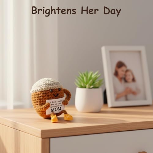 Birthday Gifts for Mom from Daughter Son Kids, Cute Crochet Coffee Lover Gift, Funny Meaningful Small Gifts for Women Handmade Desk Decor Mothers Day