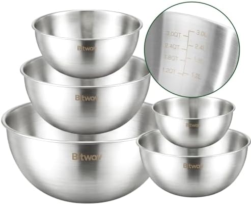 304 Stainless Steel Mixing Bowls Set of 5, 1.1/1.6/1.9/2.5/3.5 QT Food Grade Metal Bowls with Measurement Marks, Dishwasher Safe & Stackable Nesting for Baking, Salads, Meal Prep, RV & Camping