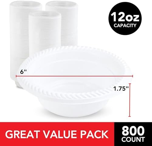 Stock Your Home 800 Count 12 oz White Plastic Bowls, Bulk Pack of Small Plastic Disposable Bowls for Dessert, Ice Cream, Pet Food - Heavy Duty Single Serving Bowls for Catering or Every Day Use