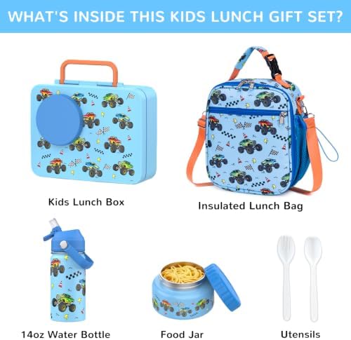 Kids Bento Box with Food Jar, Water Bottle, Lunch Bag, Vehicle