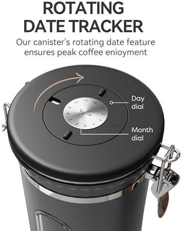 Veken Coffee Canister with Window, Airtight Stainless Steel Container,Date Tracker, Kitchen Food Storage Jars for Beans, Ground, Espresso, Rice,Tea, Sugar, Cereal, Gifts, Scoop, Grey, 22OZ (Pack of 2)