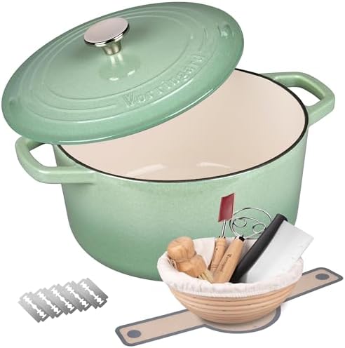 VORRINGARD Enameled Cast Iron Dutch Oven Pot with Lid, for Bread Baking, Round Bread Oven- include Sourdough Bread Baking Supplies Set, 6QT, Sage Green
