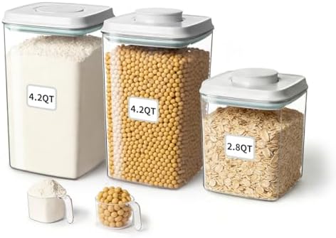 Airtight Food Containers Set with One-Touch Lid, Mixed Size Set (2.8 Qt + 4.2 Qt *2) with Scoop, Stackable Jars for Complete Kitchen Organization