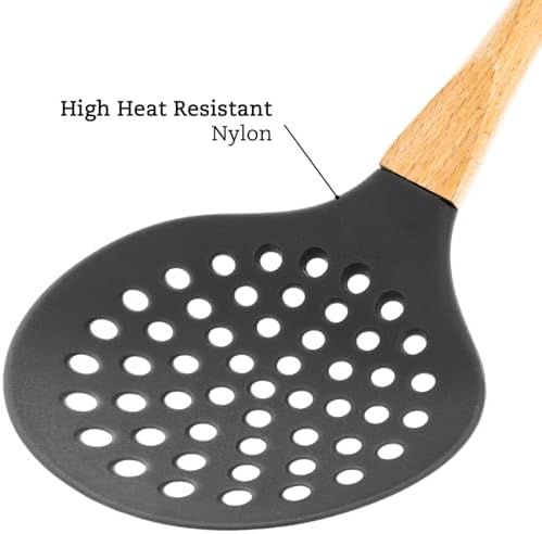 Beille 1pc Grey Nylon Skimmer Spoon with Soft Grip Ergonomic Wooden Handle Kitchen Utensils, 13 Inch