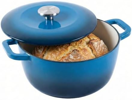 7QT Enameled Cast Iron Dutch Oven,Concave Self-Basting Lid,Blue